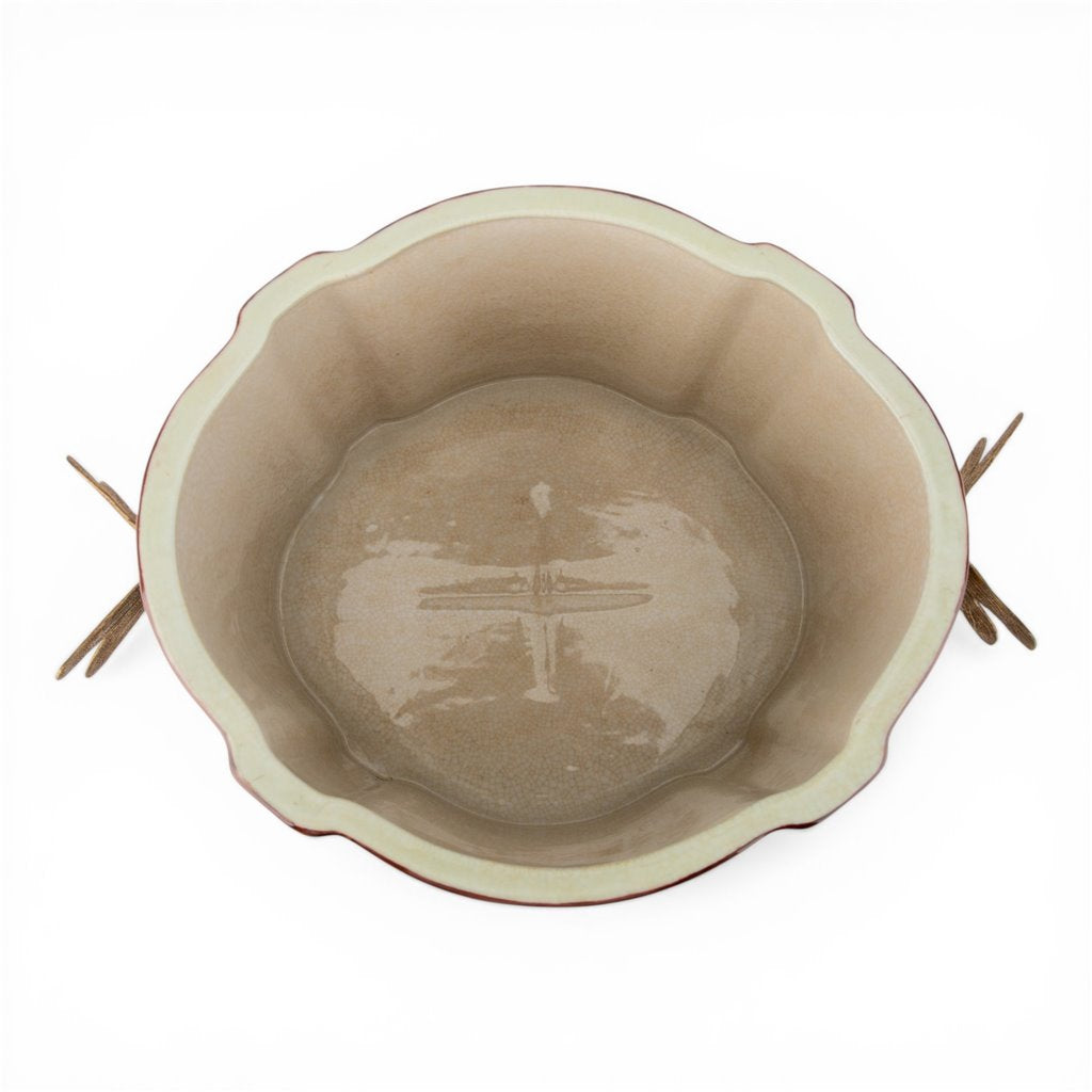 Danny's Fine Porcelain -Porcelain Oval Planter with Ormolu Dragonfly Handles – Floral Vine Motif #14300