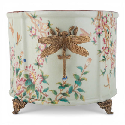 Danny's Fine Porcelain -Porcelain Oval Planter with Ormolu Dragonfly Handles – Floral Vine Motif #14300