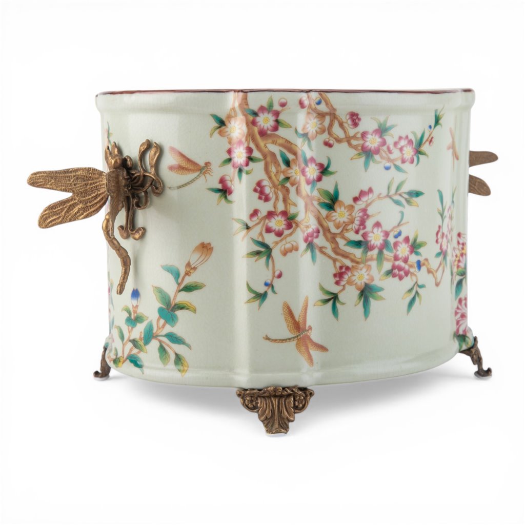Danny's Fine Porcelain -Porcelain Oval Planter with Ormolu Dragonfly Handles – Floral Vine Motif #14300