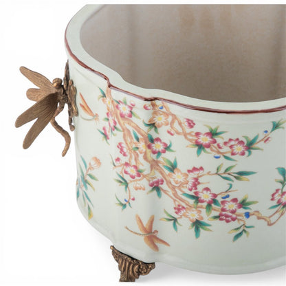 Danny's Fine Porcelain -Porcelain Oval Planter with Ormolu Dragonfly Handles – Floral Vine Motif #14300