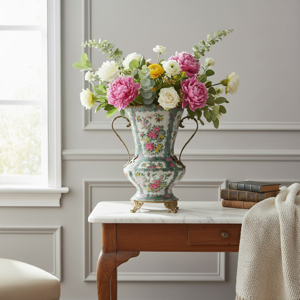 Danny's Fine Porcelain -Rose Medallion Porcelain Vase with Ormolu Handles | Decorative Chinese Export Style Vase #14301
