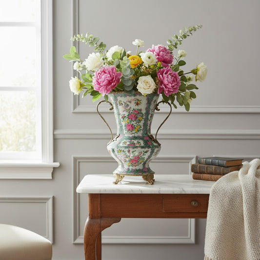 Danny's Fine Porcelain -Rose Medallion Porcelain Vase with Ormolu Handles | Decorative Chinese Export Style Vase #14301