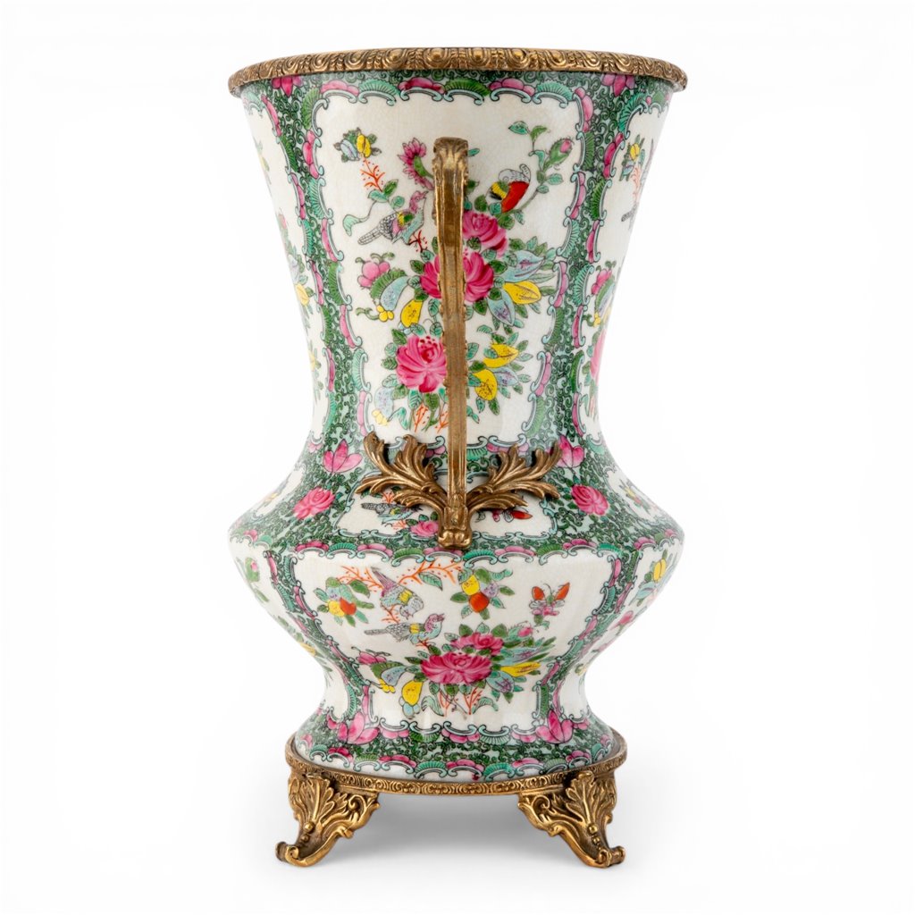 Danny's Fine Porcelain -Rose Medallion Porcelain Vase with Ormolu Handles | Decorative Chinese Export Style Vase #14301