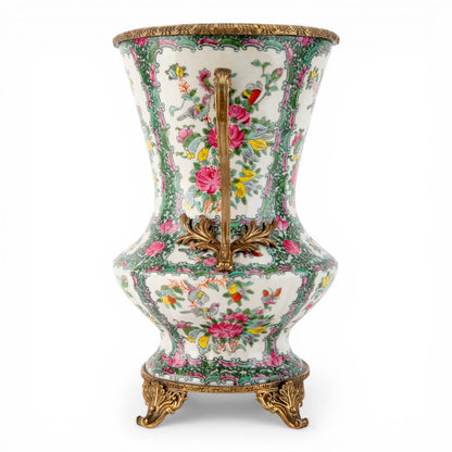 Danny's Fine Porcelain -Rose Medallion Porcelain Vase with Ormolu Handles | Decorative Chinese Export Style Vase #14301