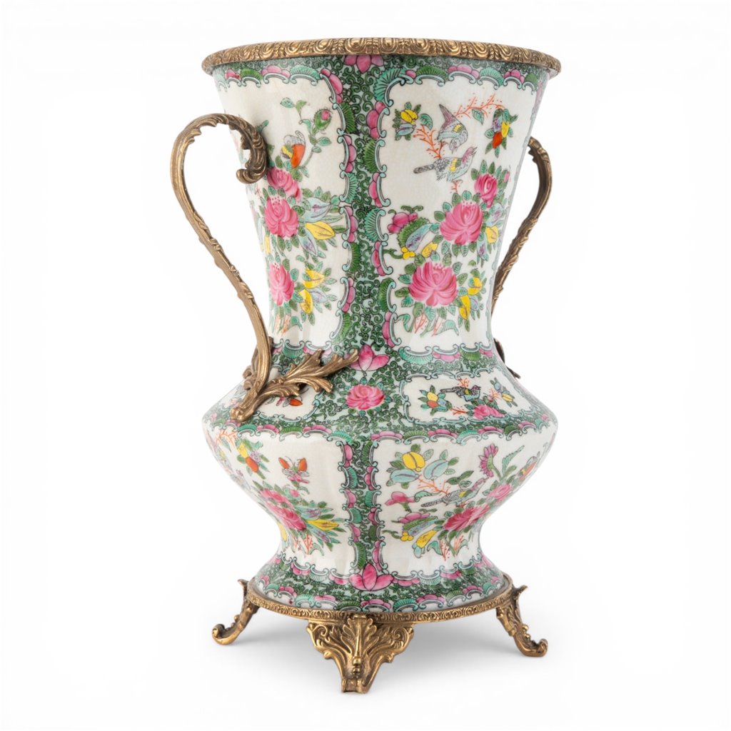 Danny's Fine Porcelain -Rose Medallion Porcelain Vase with Ormolu Handles | Decorative Chinese Export Style Vase #14301