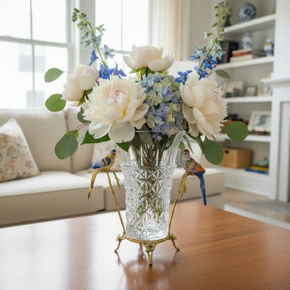 Danny's Fine Porcelain -Crystal Clear Vase with Ormolu Mount & Porcelain Birds | Figural Decorative Vase #14307