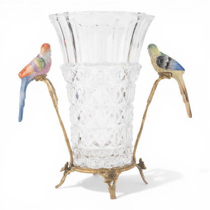 Danny's Fine Porcelain -Crystal Clear Vase with Ormolu Mount & Porcelain Birds | Figural Decorative Vase #14307