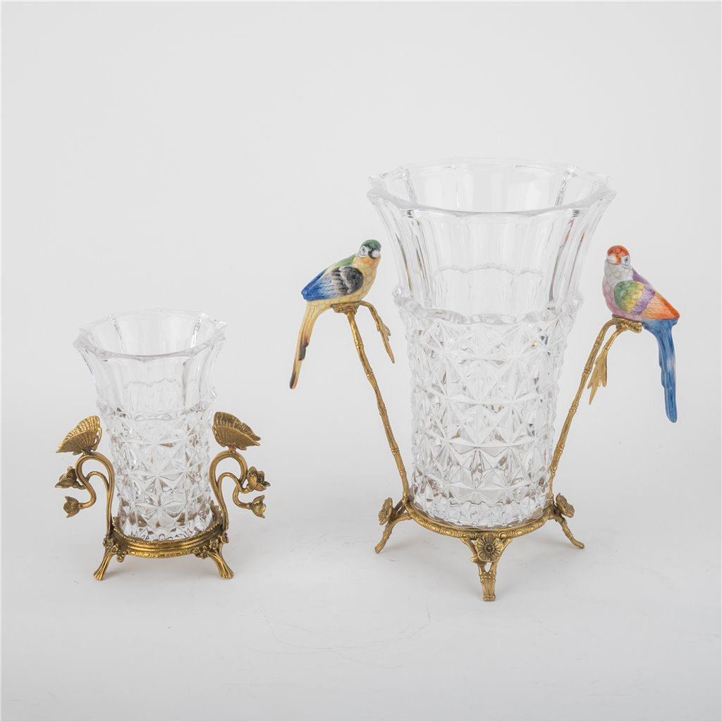 Danny's Fine Porcelain -Crystal Clear Vase with Ormolu Mount & Porcelain Birds | Figural Decorative Vase #14307