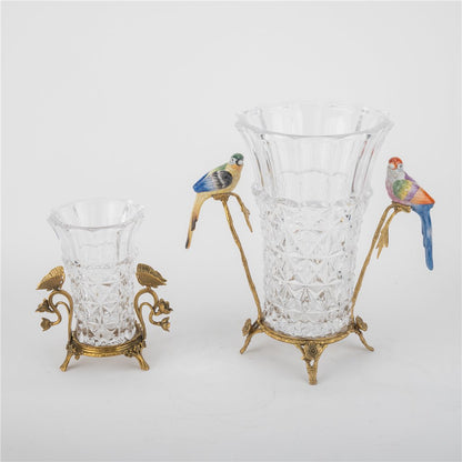 Danny's Fine Porcelain -Crystal Clear Vase with Ormolu Mount & Porcelain Birds | Figural Decorative Vase #14307