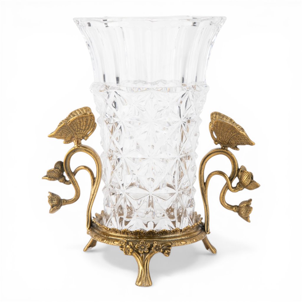 Danny's Fine Porcelain - Crystal Clear Vase with Ormolu Butterfly Handles | Decorative Crystal Vase #14309