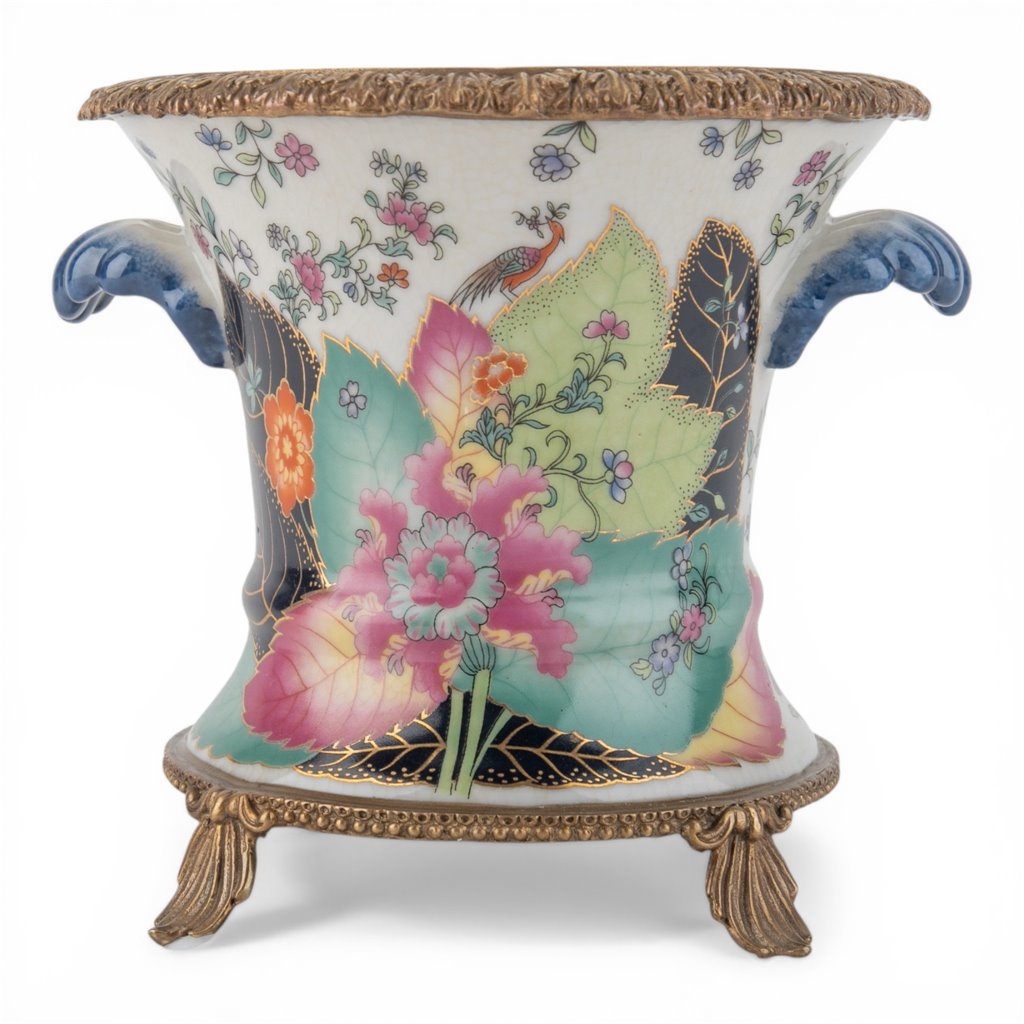 Danny's Fine Porcelain -Porcelain Tobacco Leaf Cachepot with Ormolu Base | Decorative Planter #14312
