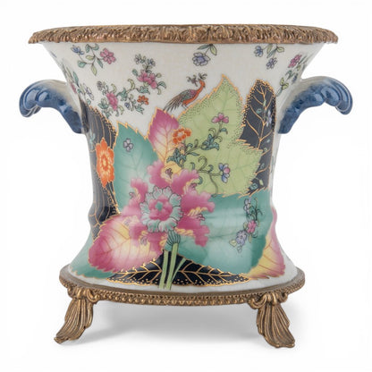 Danny's Fine Porcelain -Porcelain Tobacco Leaf Cachepot with Ormolu Base | Decorative Planter #14312
