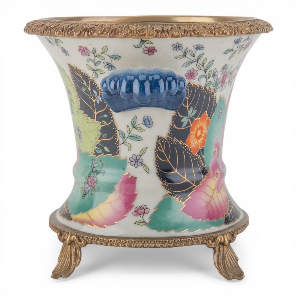 Danny's Fine Porcelain -Porcelain Tobacco Leaf Cachepot with Ormolu Base | Decorative Planter #14312