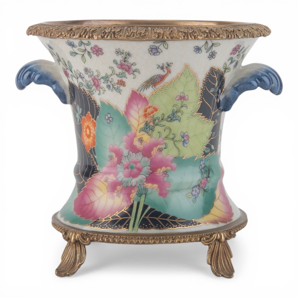 Danny's Fine Porcelain -Porcelain Tobacco Leaf Cachepot with Ormolu Base | Decorative Planter #14312