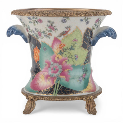 Danny's Fine Porcelain -Porcelain Tobacco Leaf Cachepot with Ormolu Base | Decorative Planter #14312