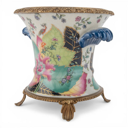 Danny's Fine Porcelain -Porcelain Tobacco Leaf Cachepot with Ormolu Base | Decorative Planter #14312