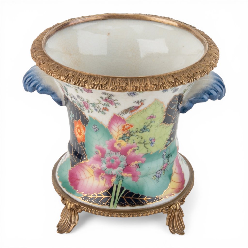 Danny's Fine Porcelain -Porcelain Tobacco Leaf Cachepot with Ormolu Base | Decorative Planter #14312