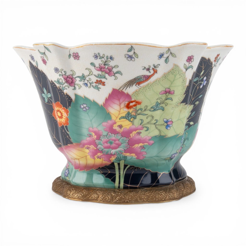 Danny's Fine Porcelain -Large Porcelain Tobacco Leaf Scalloped Bowl with Ormolu Base | Decorative Centerpiece #14313