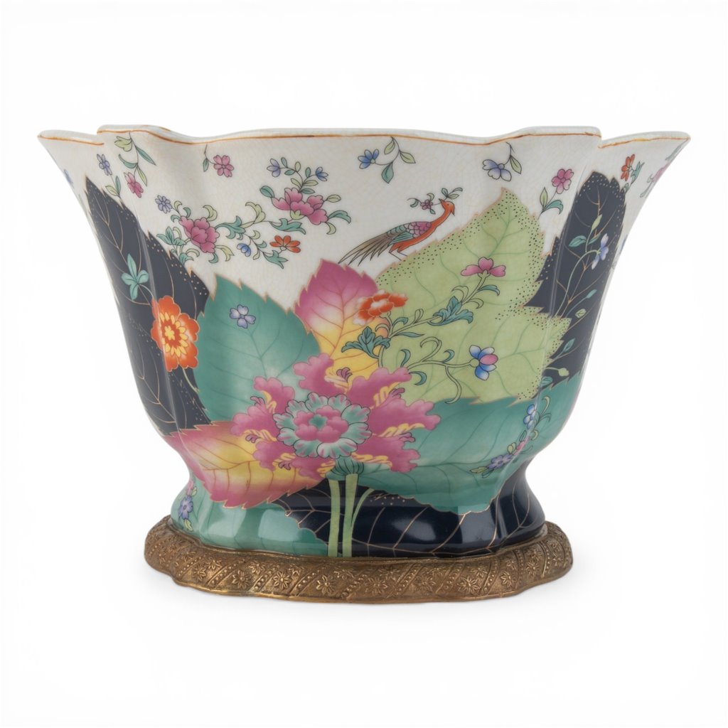 Danny's Fine Porcelain -Large Porcelain Tobacco Leaf Scalloped Bowl with Ormolu Base | Decorative Centerpiece #14313