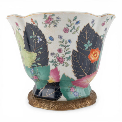 Danny's Fine Porcelain -Large Porcelain Tobacco Leaf Scalloped Bowl with Ormolu Base | Decorative Centerpiece #14313