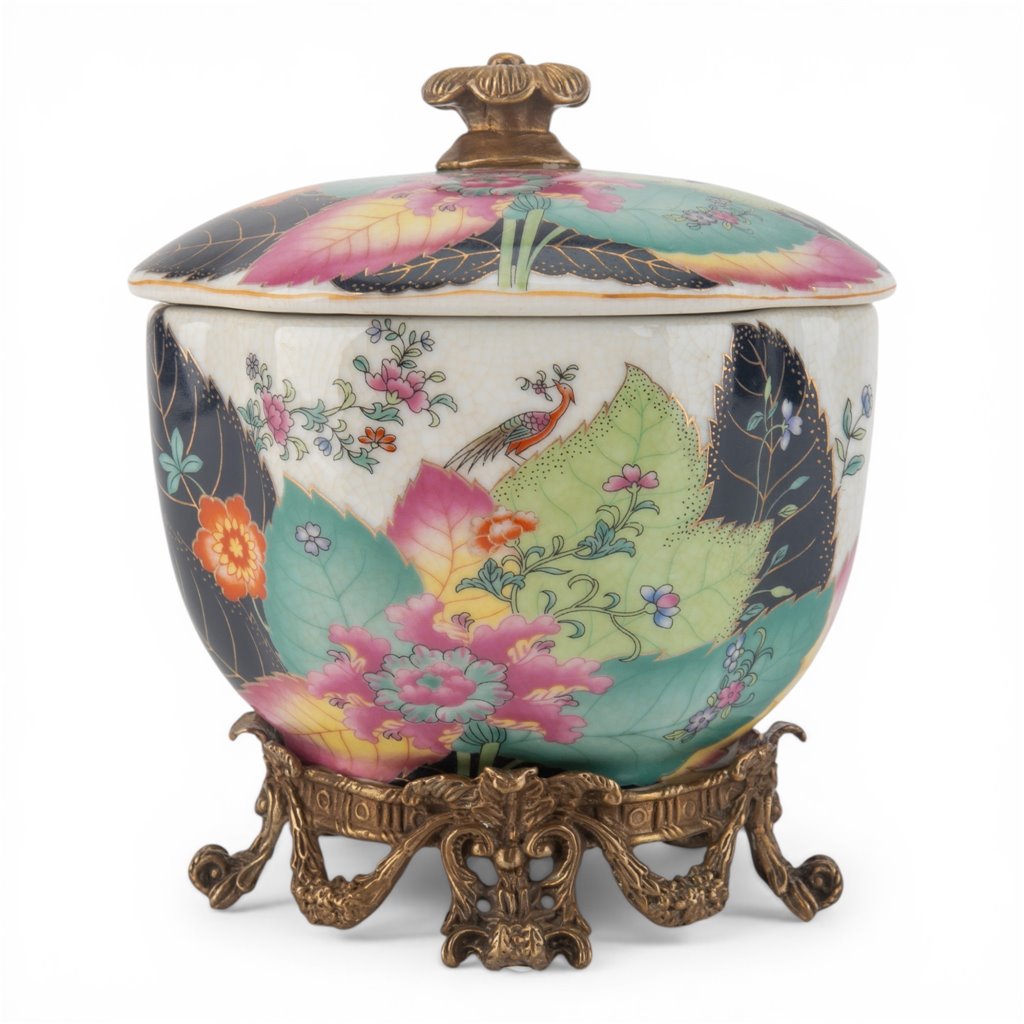 Danny's Fine Porcelain - Tobacco Leaf Porcelain Covered Jar with Ormolu Base | Hand-Painted Statement Piece #14314
