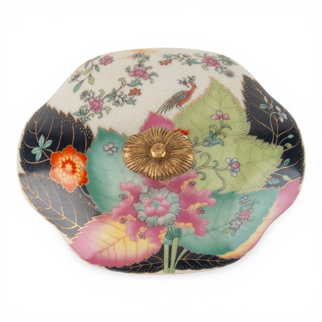 Danny's Fine Porcelain - Tobacco Leaf Porcelain Covered Jar with Ormolu Base | Hand-Painted Statement Piece #14314