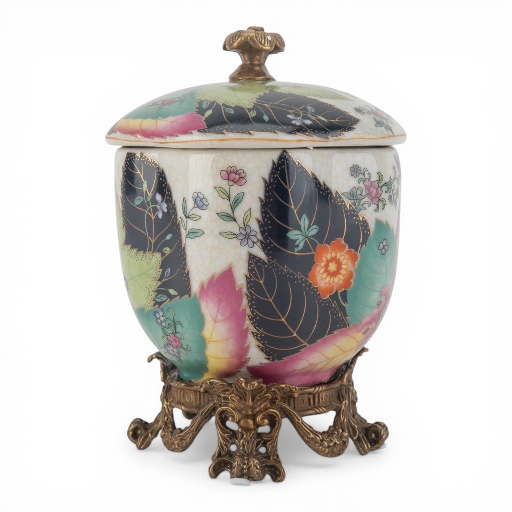 Danny's Fine Porcelain - Tobacco Leaf Porcelain Covered Jar with Ormolu Base | Hand-Painted Statement Piece #14314