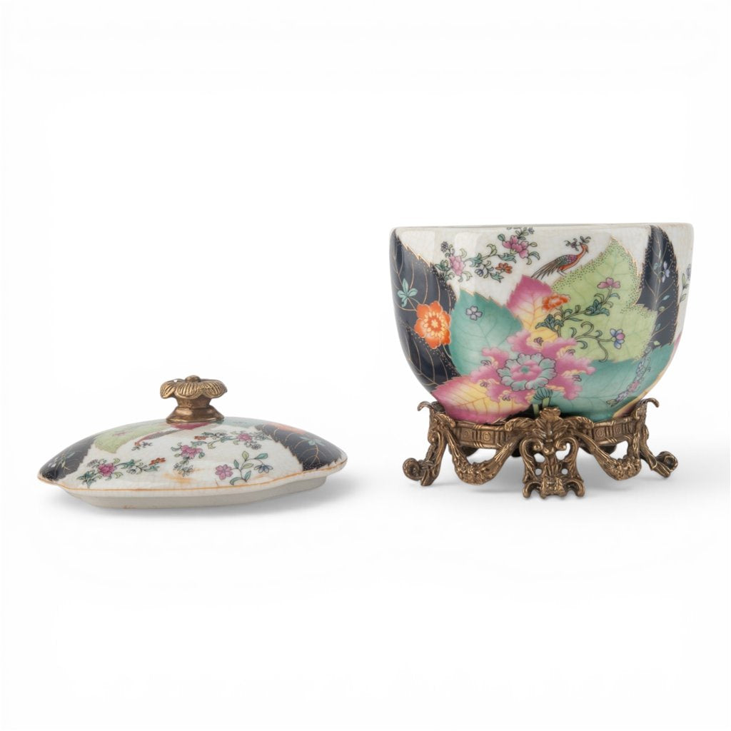 Danny's Fine Porcelain - Tobacco Leaf Porcelain Covered Jar with Ormolu Base | Hand-Painted Statement Piece #14314