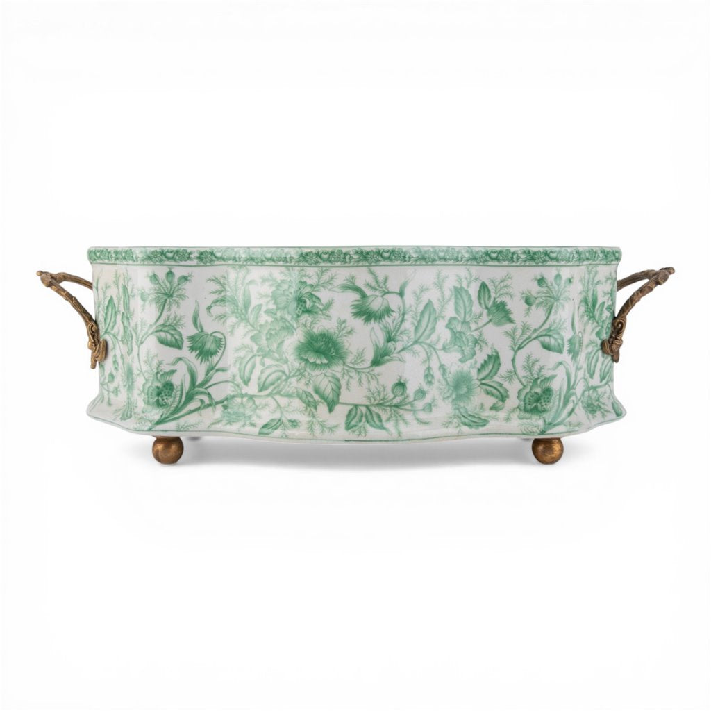 Danny's Fine Porcelain -  Green & White Porcelain "Prim rose" Basin, Bronze Detailing, 22x11" #14315