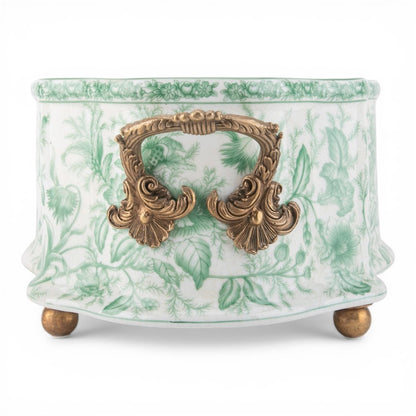 Danny's Fine Porcelain -  Green & White Porcelain "Prim rose" Basin, Bronze Detailing, 22x11" #14315