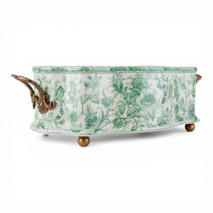 Danny's Fine Porcelain -  Green & White Porcelain "Prim rose" Basin, Bronze Detailing, 22x11" #14315