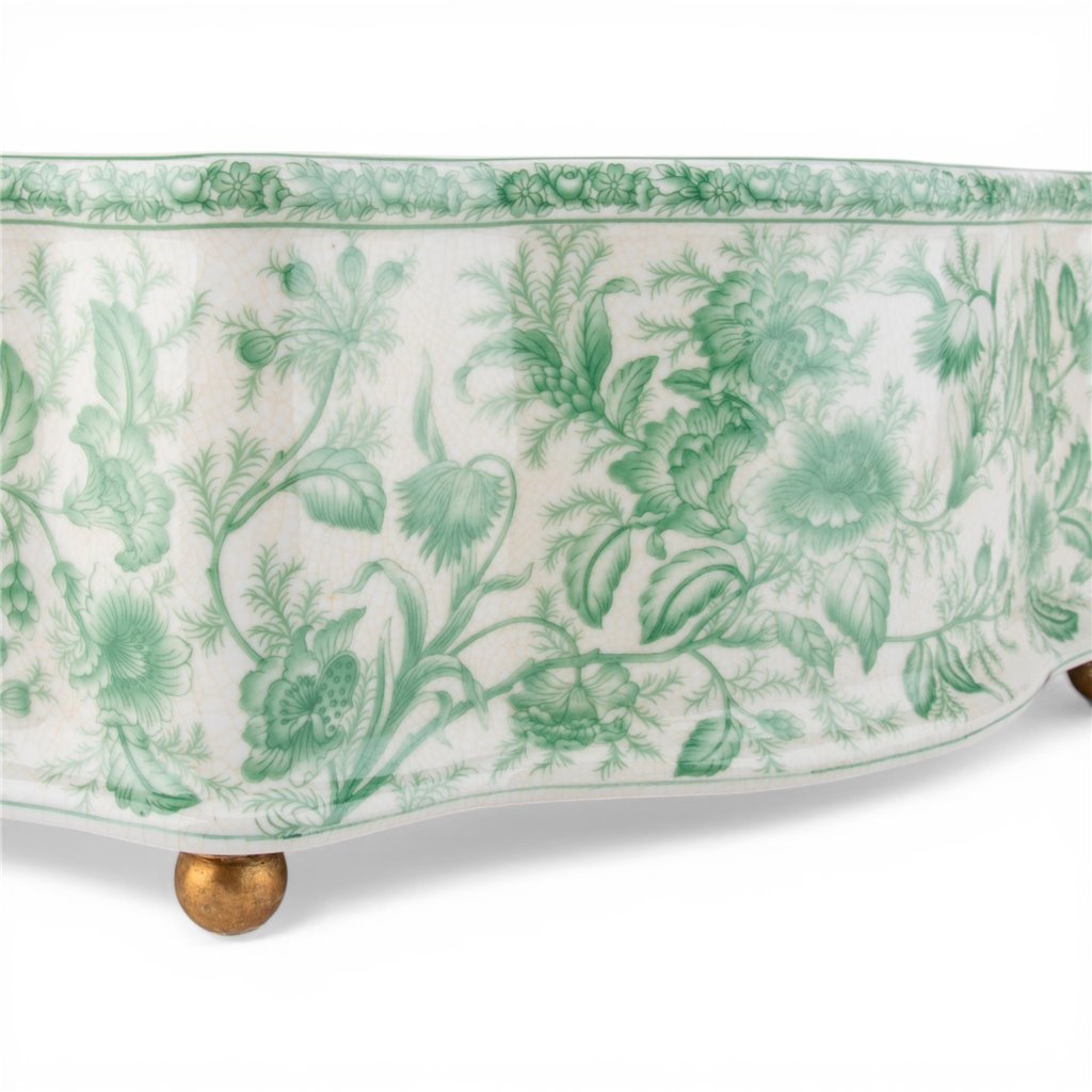 Danny's Fine Porcelain -  Green & White Porcelain "Prim rose" Basin, Bronze Detailing, 22x11" #14315