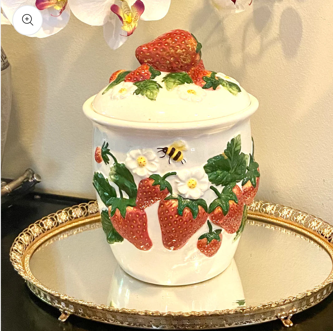 Absolutely adorable large majolica style strawberry cookie jar with lid