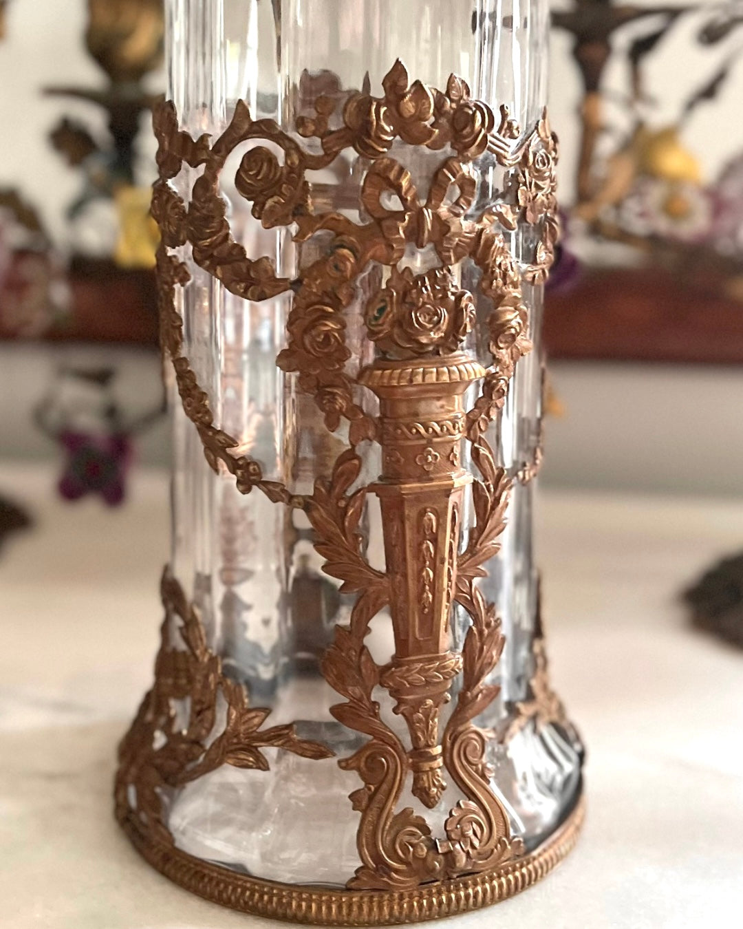 Antique French Ormolu-Mounted Glass Vase - Louis XVI Style - Rose Garlands & Love Trophy - c. Pre-1891