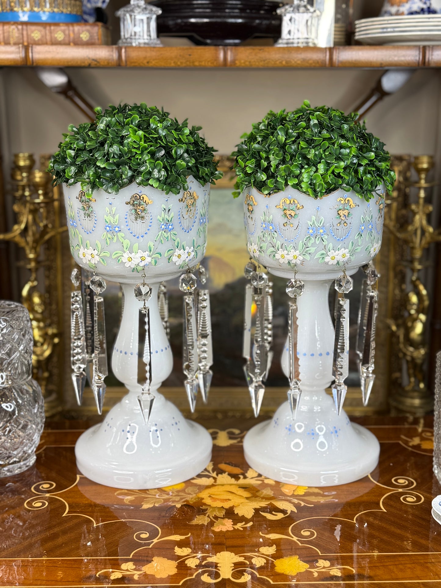 Pair of Antique Bristol Glass Lustres with Hand-Painted Florals & Crystal Prisms | 13.5” Tall #B001