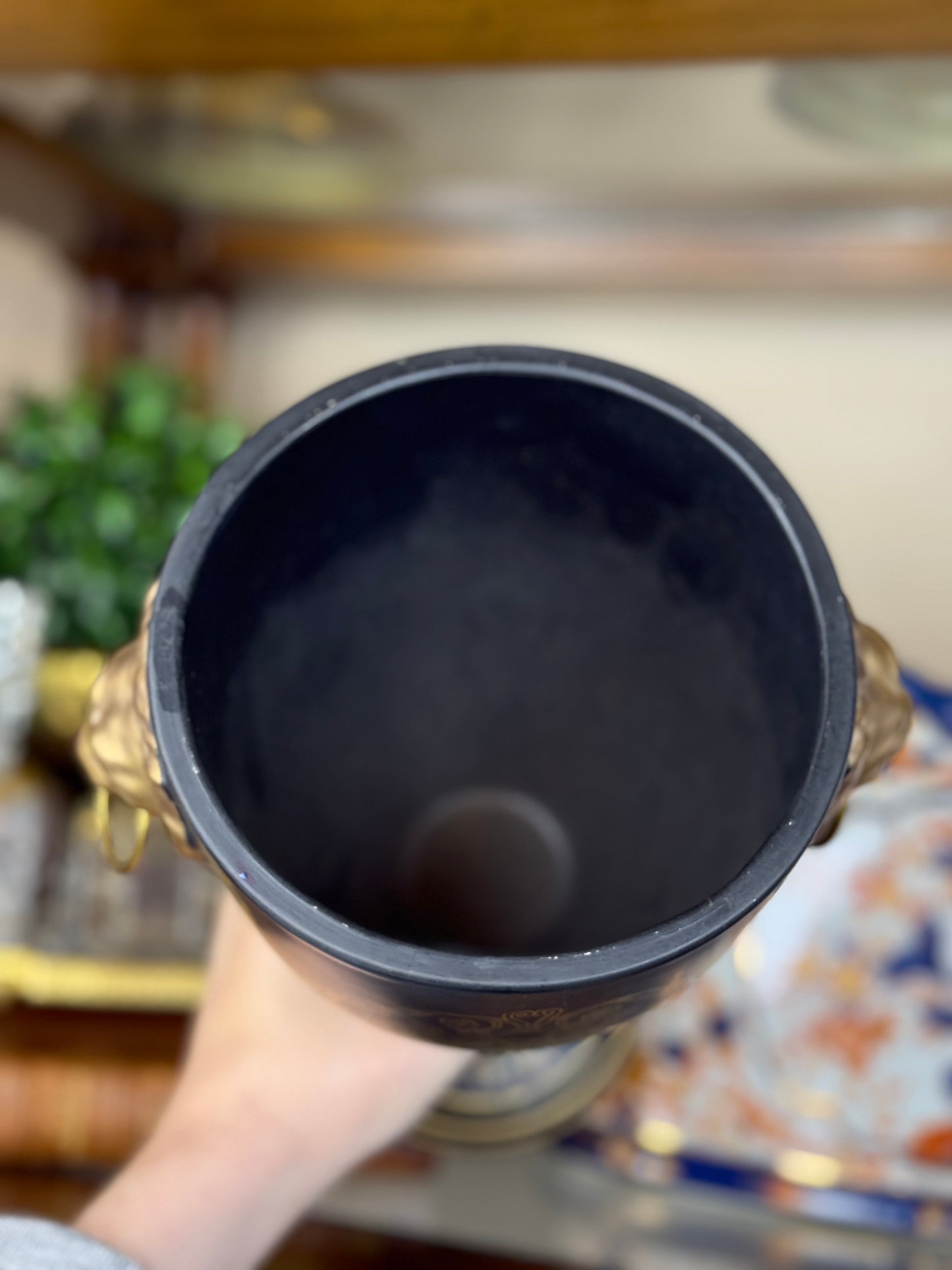 Vintage Black & Gold Trophy Vase with Lion Head Handles, 10” Tall