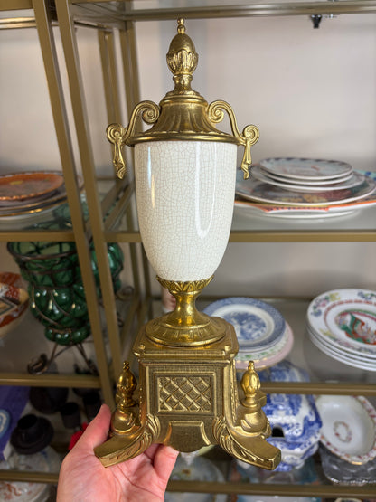Gorgeous Italian urn with porcelain handpainted scenes and ornate brass details!