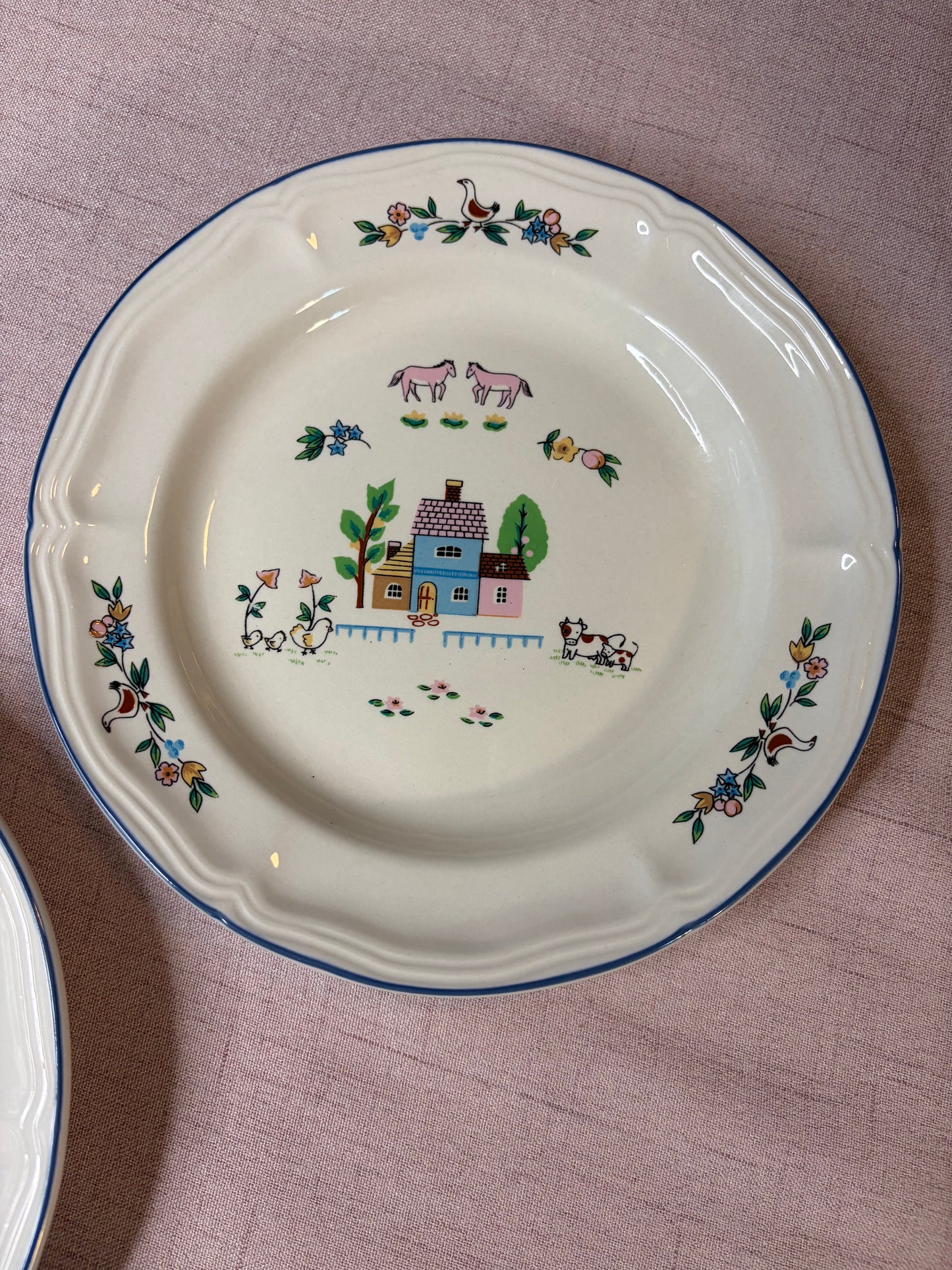 Lovely ironstone plates pair with sweetest scene and pink horses!
