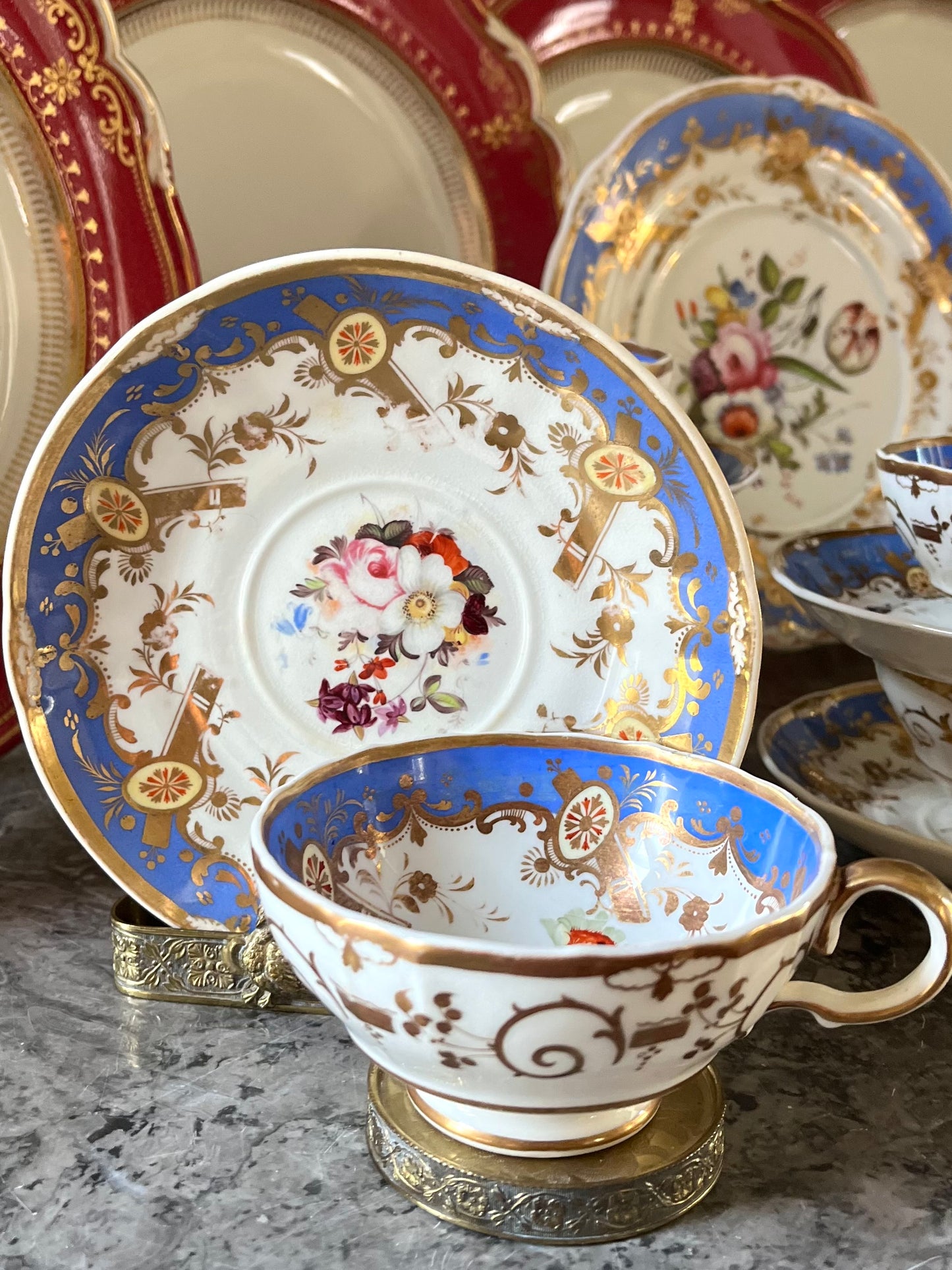 Stunning Antique English 21-Piece Porcelain Tea Service | French Blue, Hand-Painted Florals & Gilt - Attributed to Coalport