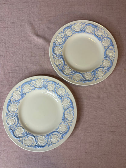 Wedgwood salad plates in the discontinued Kingston Blue pattern, featuring light blue embossed scrolls on a white background pair!