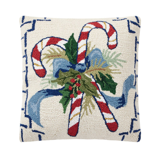 Chinoiserie Candy Cane Wool Hooked Christmas Throw Pillow | 18" × 18"
