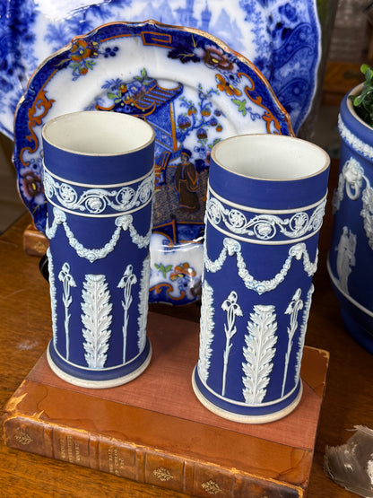 Pair of Wedgwood Blue-Dipped Jasperware Spill Vases | White Neoclassical Relief | Blue & White | c.1908–1929 | 6.5” H × 2.5” D Each | #DA4577