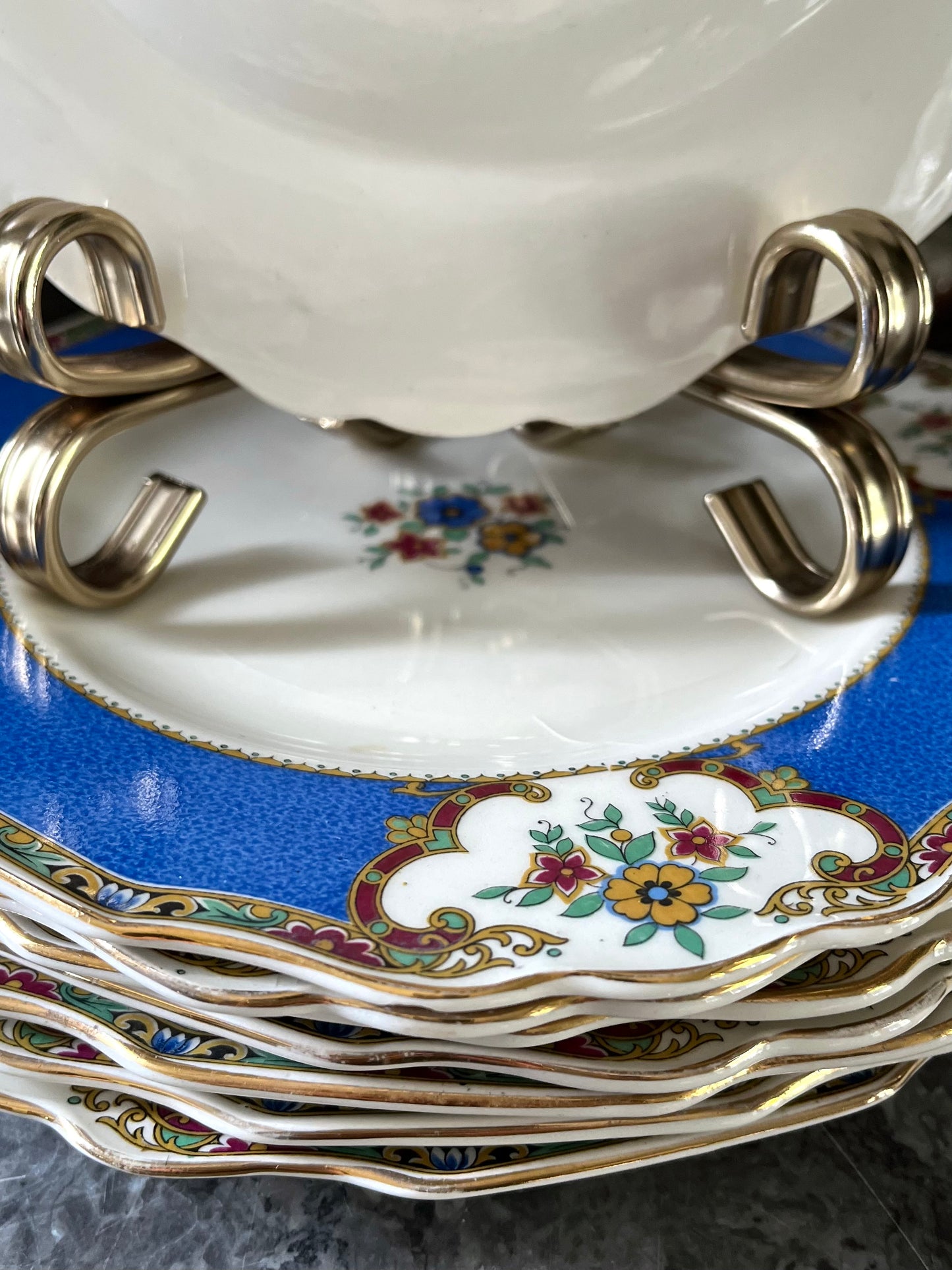 Set of 8 Myott Staffordshire England Dessert Plates | Cobalt Blue & Floral English China