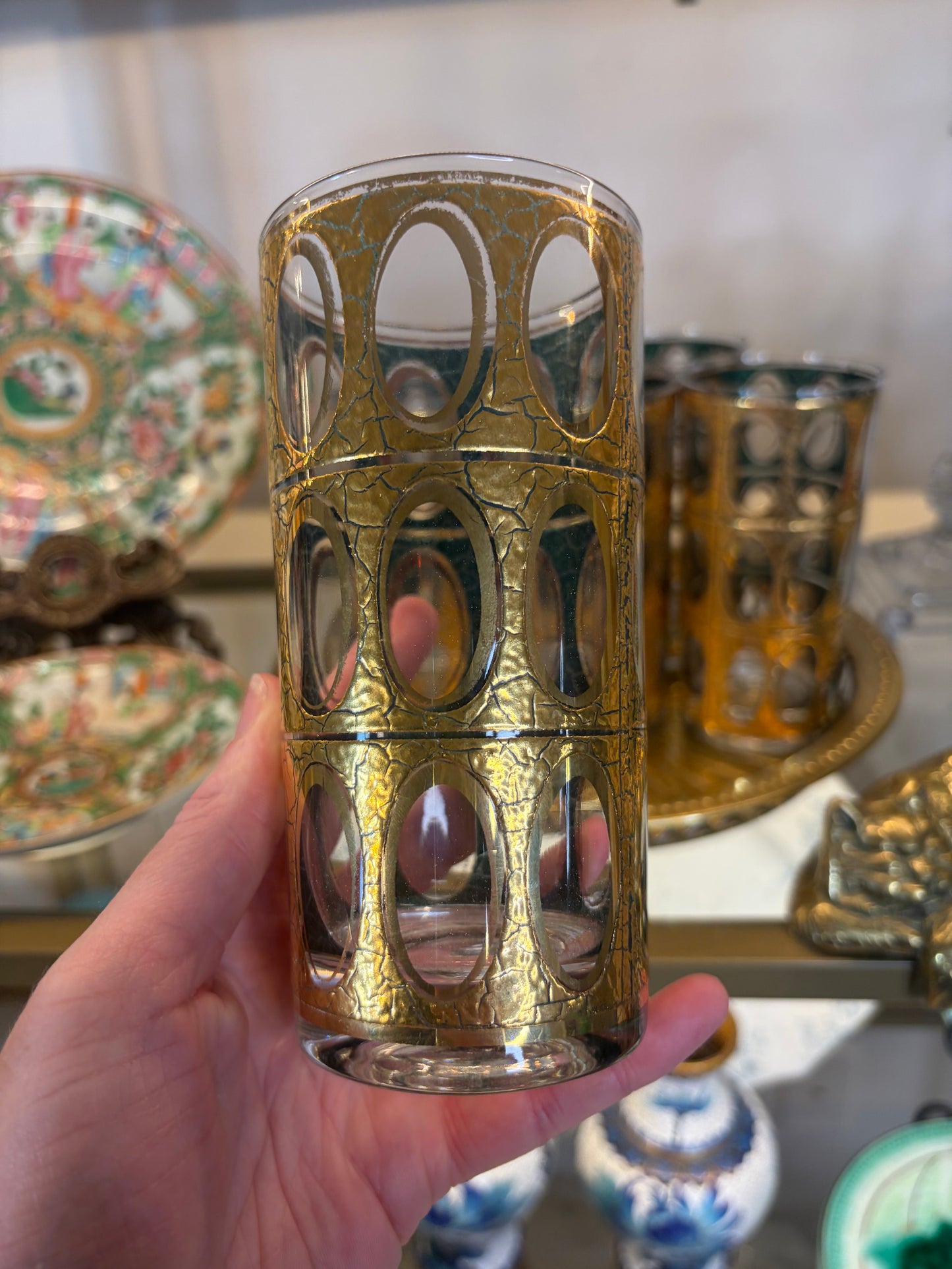 Lovely Culver Pisa gold and green highballs set of 6!