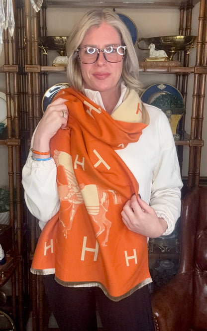 Luxe Large Equestrian Orange & Cream Reversible “H” Stable Scarf/ Wrap