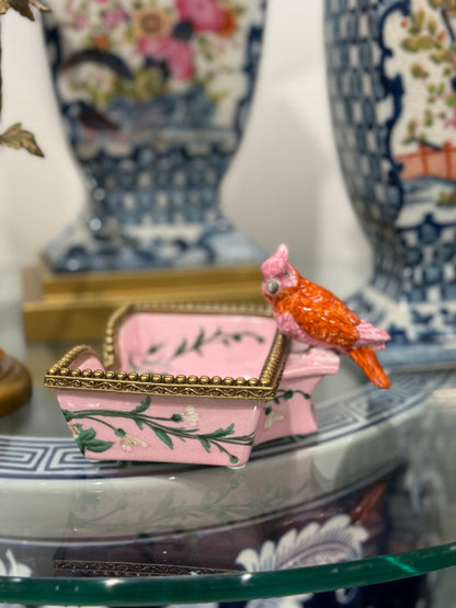 Danny's Fine Porcelain - Rectangular Pink Tray With Bird & Bronze Ormolu Details: 5.25X6X3.75” Hand painted