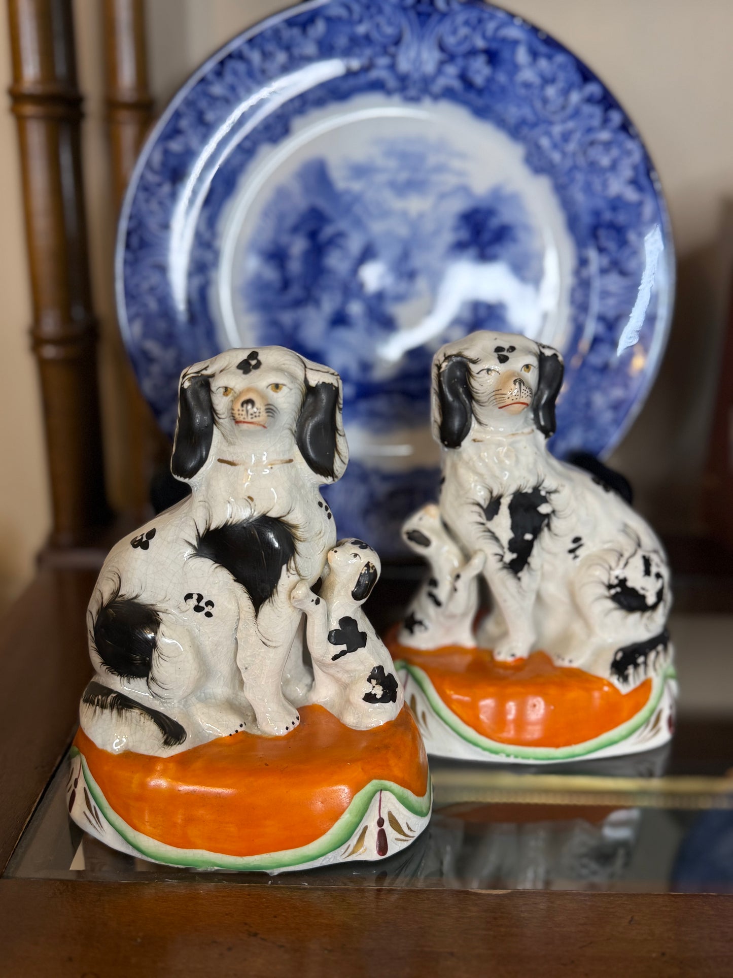 Antique 19th Century Staffordshire Spaniel Dog Figures with Puppies on Orange Cushions – Pair | 7” Tall #DA4423