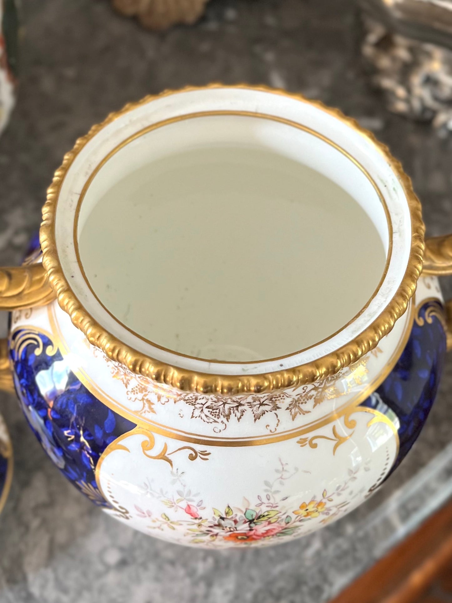 Live 08/04 Antique Coalport “Sevres Group” Lidded Pot| Cobalt Blue, Hand-Painted Florals & Gilt | c. Late 1891 -1920 Green Backstamp