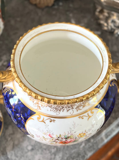 Live 08/04 Antique Coalport “Sevres Group” Lidded Pot| Cobalt Blue, Hand-Painted Florals & Gilt | c. Late 1891 -1920 Green Backstamp