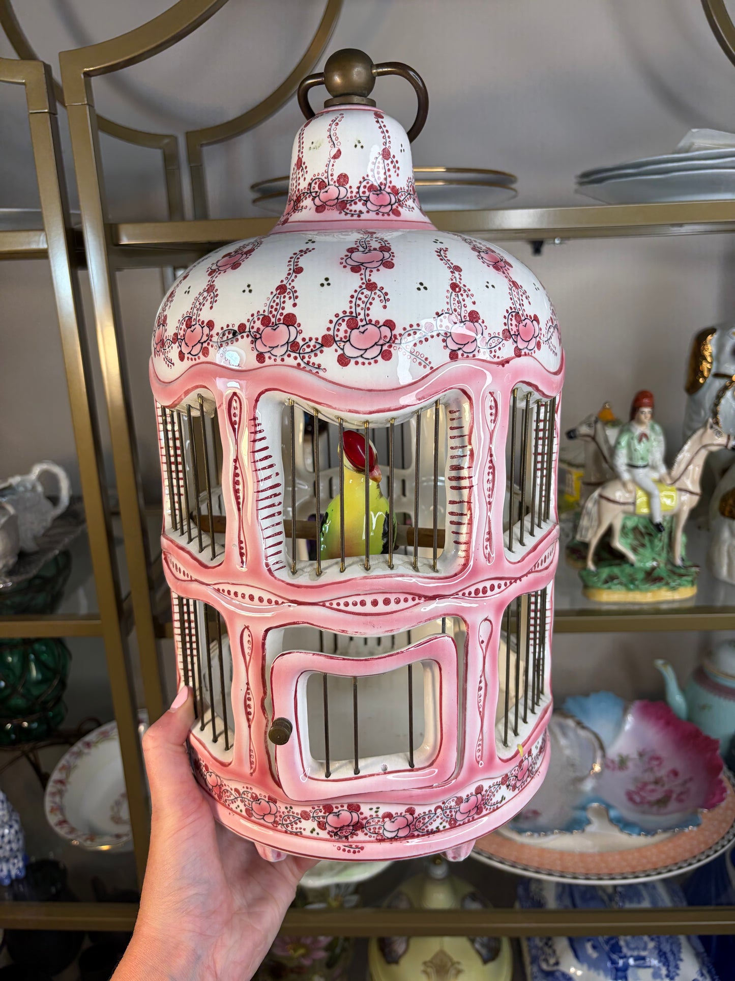 Stunning chinoiserie pink and white bird cage with bird! As is!